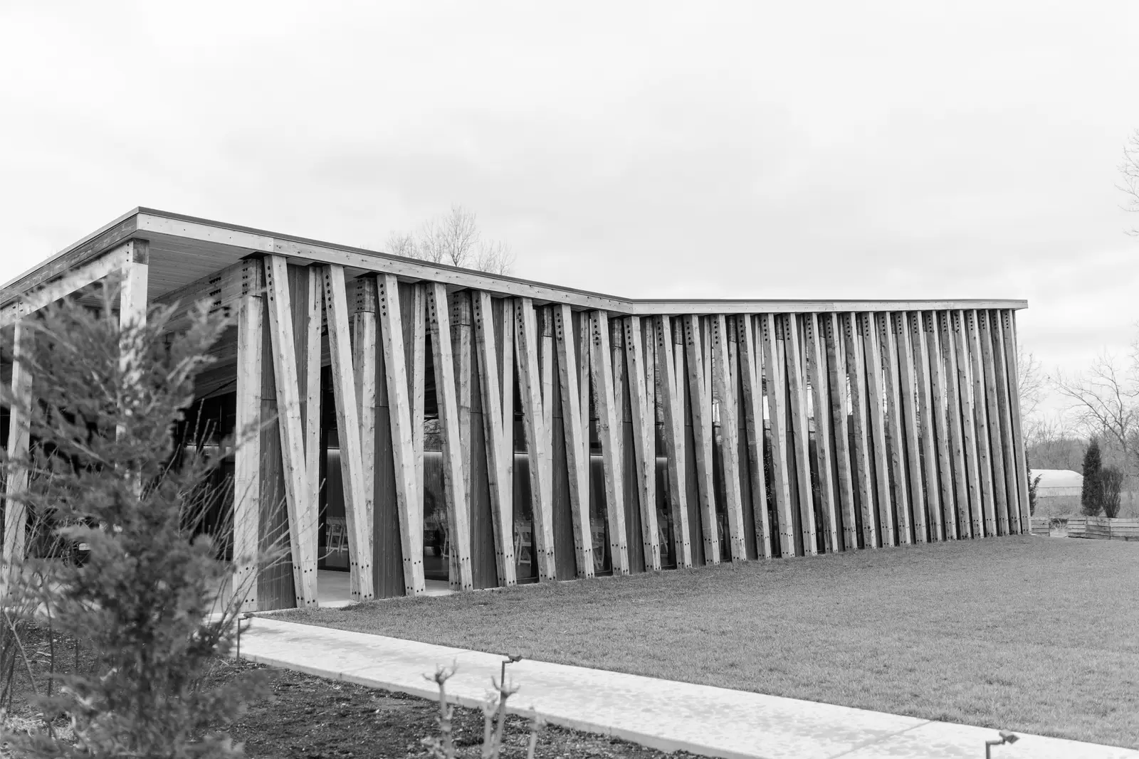 The timber pavilion at Jorgensen Farms in black and white, its angled wooden beams lining a lawn.